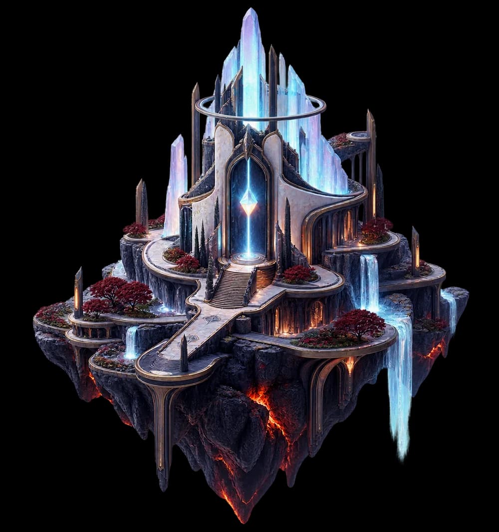 A floating celestial island with glowing blue crystal towers and waterfalls, from the Fumbld app